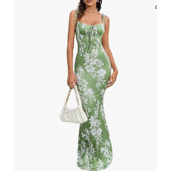 Parthea floral sage summer satin bodycon silky slip maxi dress size XS - Picture 1 of 8